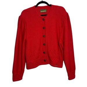 Vintage Geiger Sweater Womens Size 42 Floral Red Button Front Pure Virgin Wool